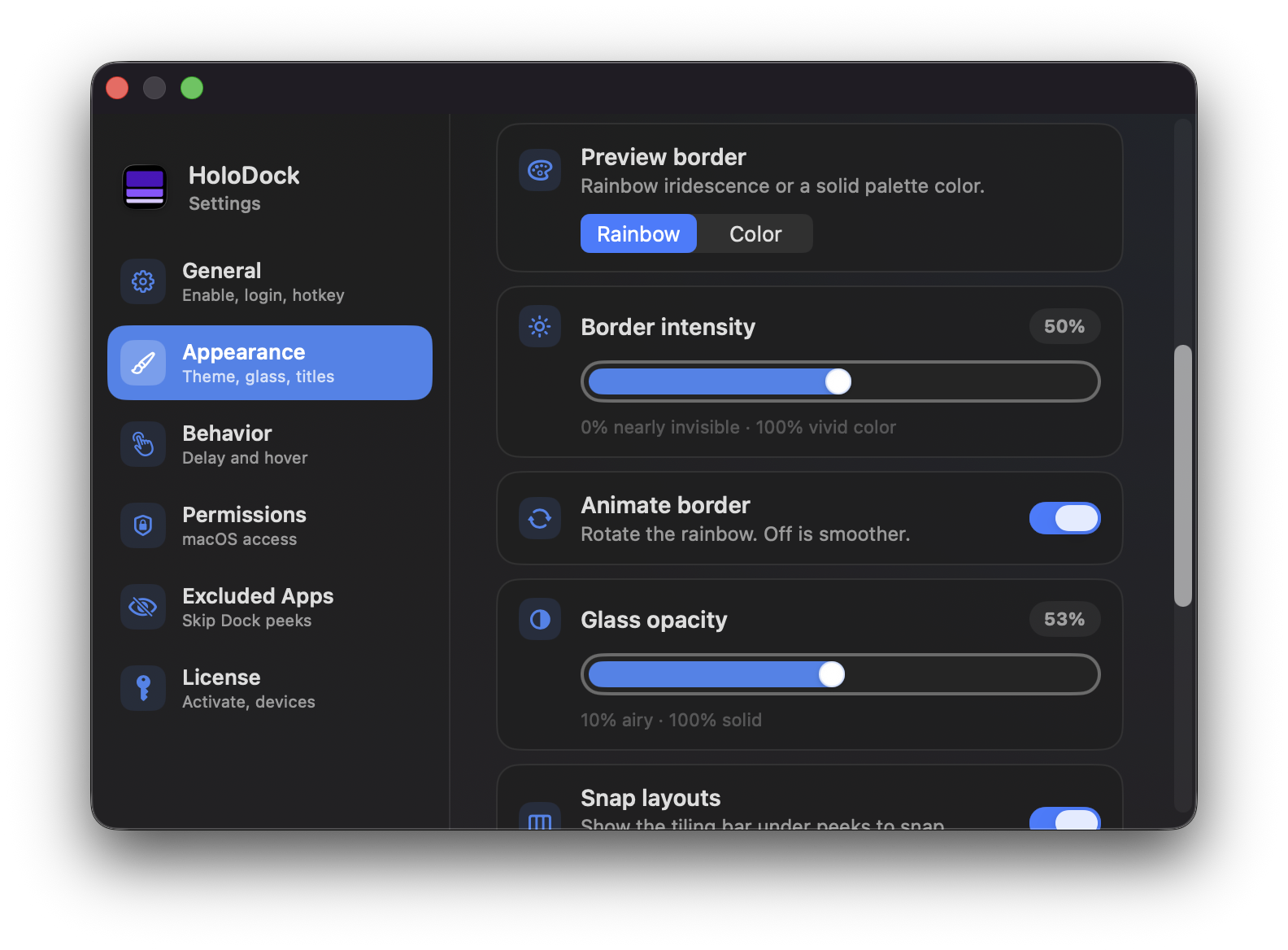 Appearance — glass & border settings