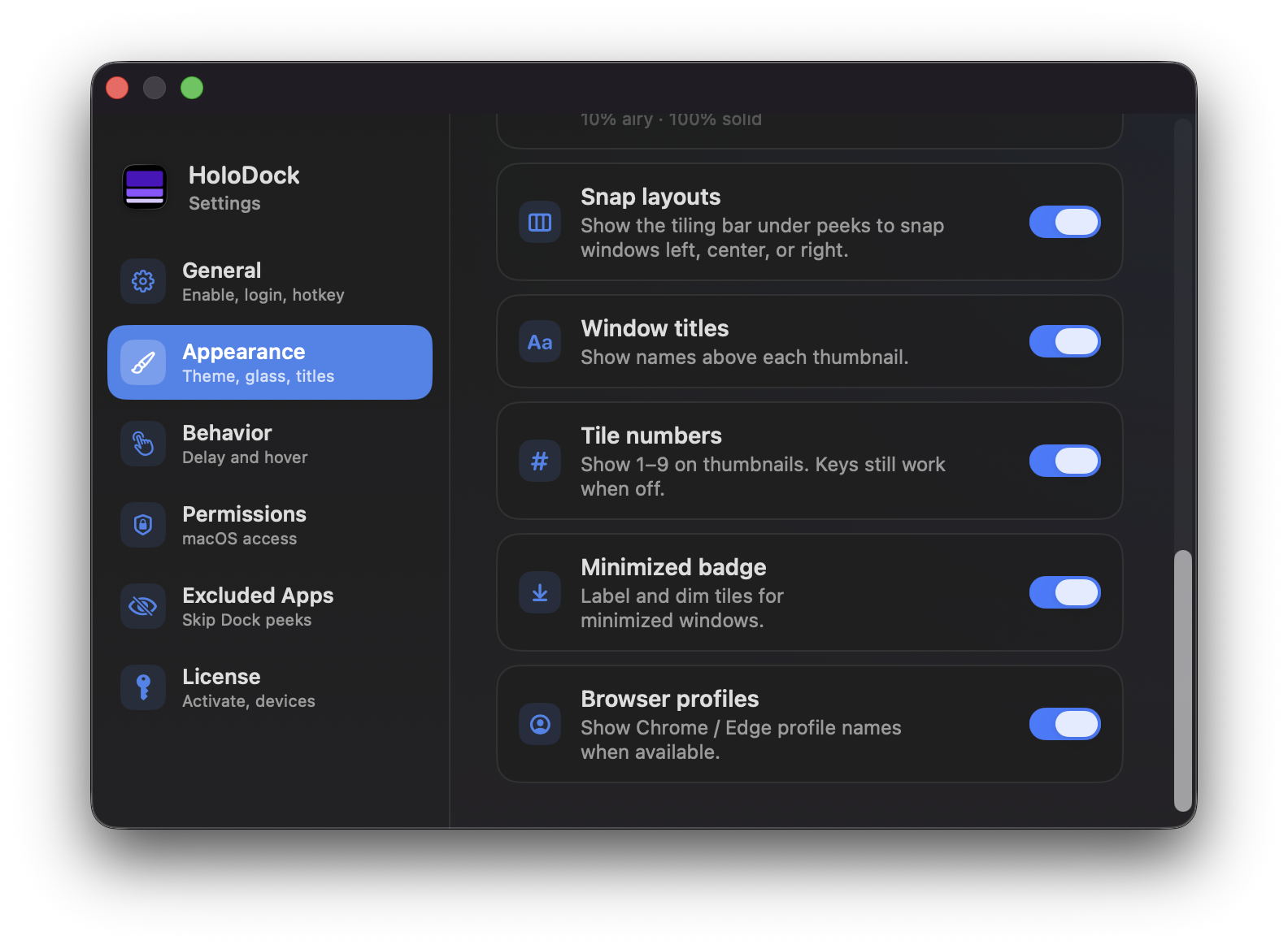 Appearance — peek details settings