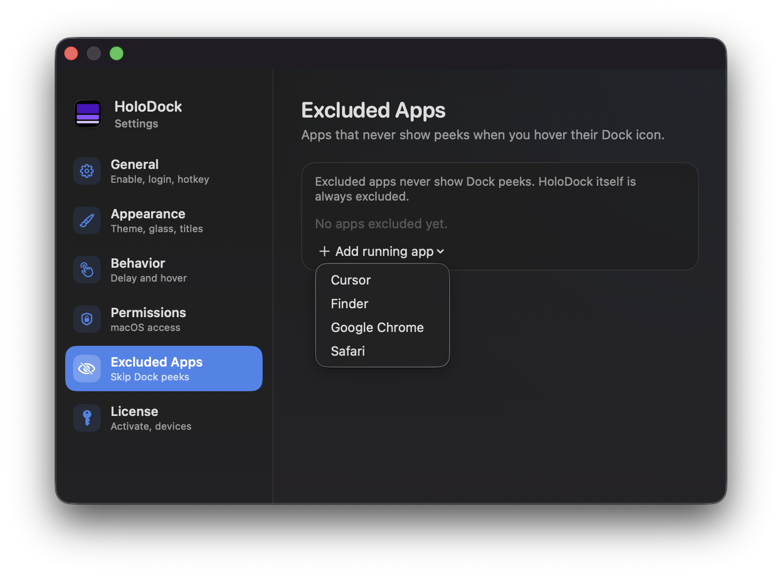 Excluded apps settings